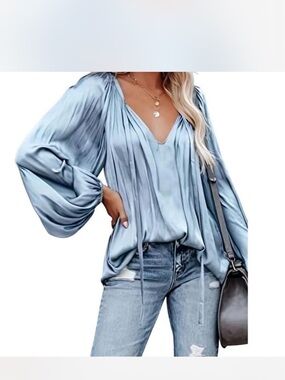 Silky Satin Blue Boho Blouse Flowy Oversized Top XL